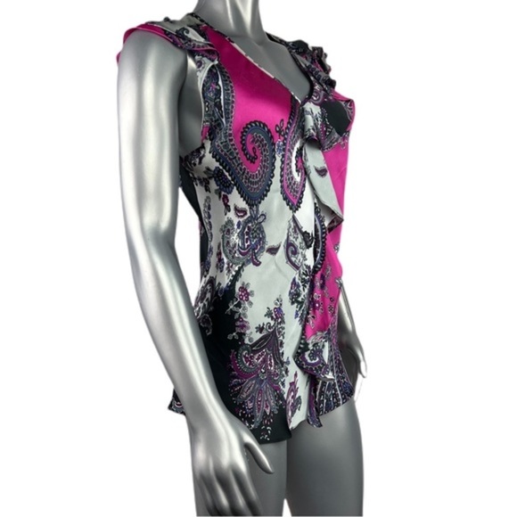 Dress Barn | Ruffle Detail Pink & Black Sleeveless Blouse Silky Paisley Print XL - Picture 3 of 13